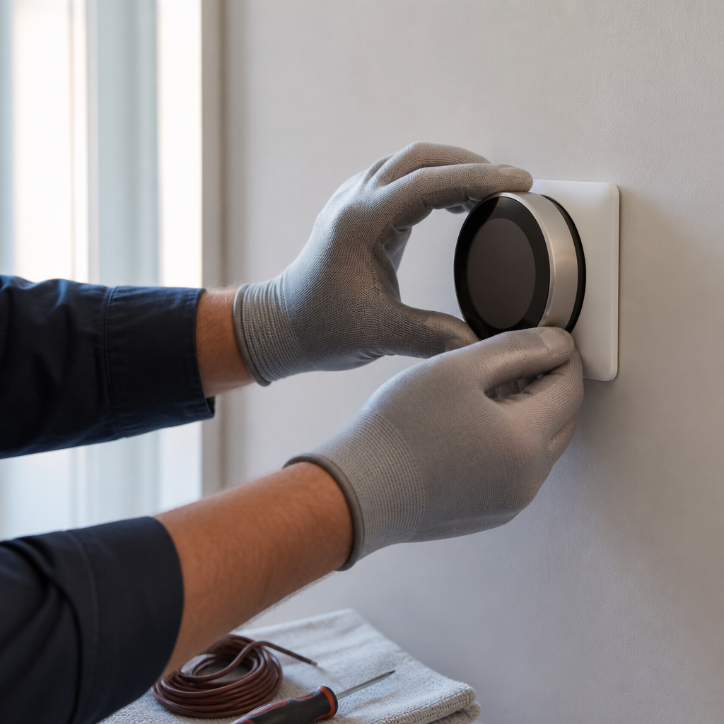 Technician mounting a modern smart thermostat on a hallway wall